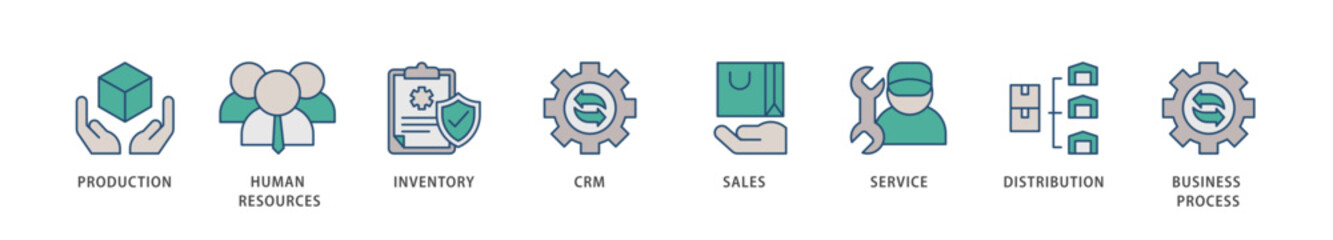 Enterprise resource planning icons set collection illustration of production, human resources, inventory, crm, sales, service icon live stroke and easy to edit 