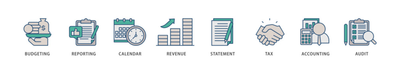 Fiscal year icons set collection illustration of budgeting, reporting, calendar, revenue, statement, tax, accounting, audit icon live stroke and easy to edit 