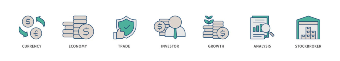 Forex icons set collection illustration of currency, economy, trade, investor, growth, analysis and stockbroker icon live stroke and easy to edit 