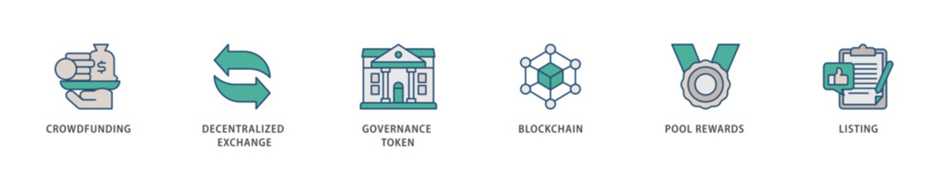 Ido icons set collection illustration of crowdfunding, decentralized exchange, governance token, blockchain, smart contract and listing icon live stroke and easy to edit 
