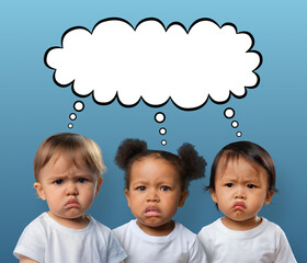 Three unhappy babies with a blank thought bubble. Copy space for your text.