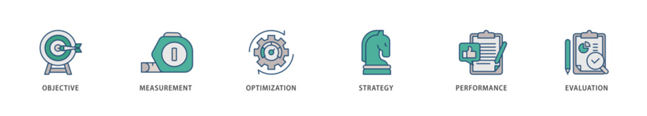 KPI icons set collection illustration of objective, measurement, optimization, strategy, performance, and evaluation icon live stroke and easy to edit 