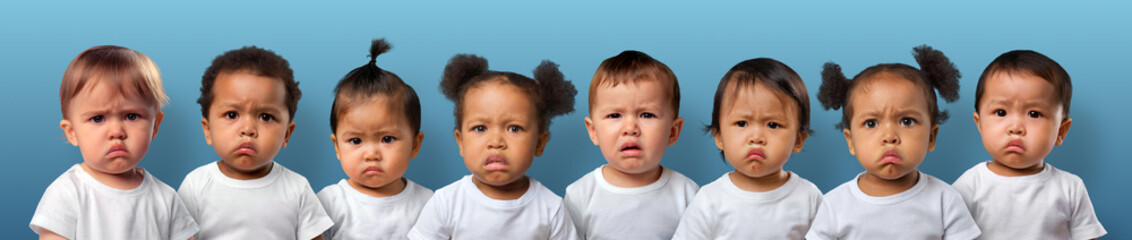 Eight grumpy babies. Banner with blue background.