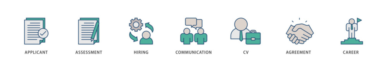 Job interview icons set collection illustration of applicant, assessment, hiring, communication, cv, agreement and career icon live stroke and easy to edit 