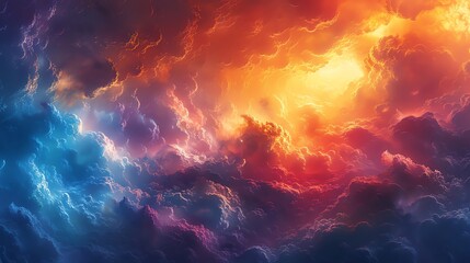Colorful cloudscape with a stormy atmosphere and a bright light in the center.