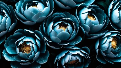 Obraz premium illuminated vibrant blue flowers with golden centers against dark background. concepts: wallpaper for device backgrounds, advertising in digital or print ads related to beauty, nature or tranquility