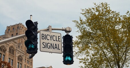 Urban bike signal turns green, inviting cyclists to go clear, vibrant indication of bike-friendly...