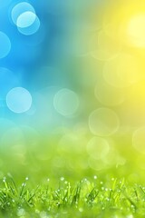 Obraz premium Spring meadow blur background with defocused bokeh, blue sky to green grass gradient