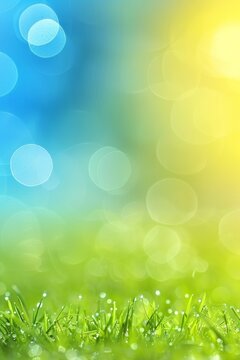 Spring meadow blur background with defocused bokeh, blue sky to green grass gradient