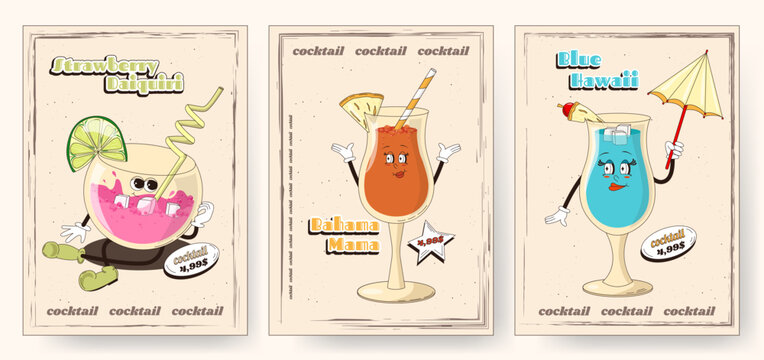 A set of retro posters or postcards for a summer cafe with funny comic book characters walking around. Characters from the 60s and 70s in a modern groovy style. Mascots for bars and restaurants.