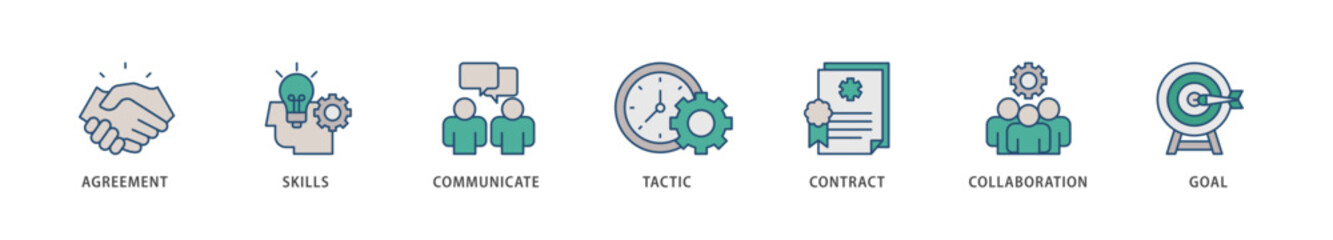 Negotiation icons set collection illustration of skills, communicate, tactic, contract, and goal icon live stroke and easy to edit 