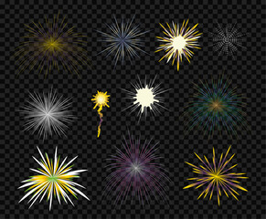 Glowing firework collection. Fireworks isolated on a dark transparent background. Festive fireworks, explosion. Design template for celebrating concept, greeting cards, banners. Vector Illustration.
