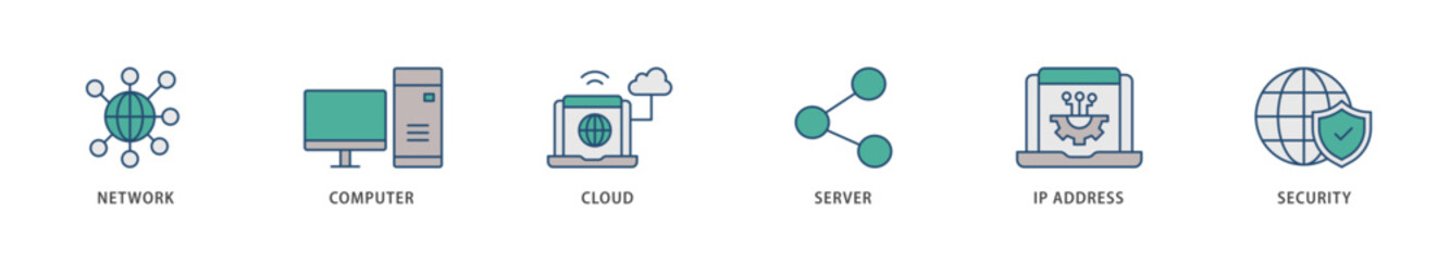 Network technology icons set collection illustration of network, computer, cloud, server, ip address and security icon live stroke and easy to edit 
