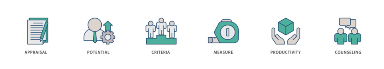 Performance review icons set collection illustration of appraisal, potential, criteria, measure, productivity, and counseling icon live stroke and easy to edit 