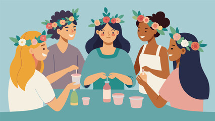 Handmade flower crowns adorn the heads of the bridal party as they learn how to make their own natural skincare products in a DIY workshop..