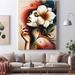 Female with flower portrait, surreal art poster, abstract modern woman living room concept art