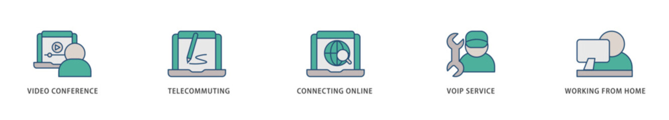 Remote working icons set collection illustration of video conference, telecommuting, connecting online, voip, and working from home icon live stroke and easy to edit 