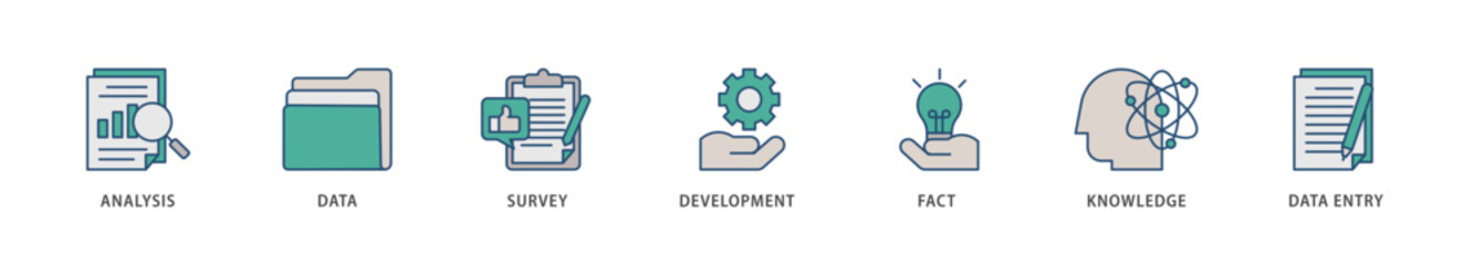 Research icons set collection illustration of analysis, data, survey, development, fact, knowledge and data entry icon live stroke and easy to edit 