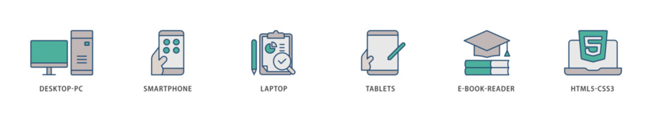 Responsive web design icons set collection illustration of tablets, html5 css3, e book reader, laptop, smart phone, desktop pc icon live stroke and easy to edit 