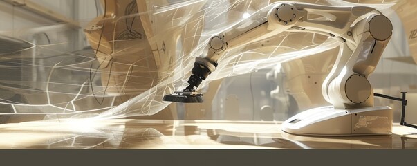 Advanced robotic arm conducting precision sanding in an industrial setting with dynamic light effects