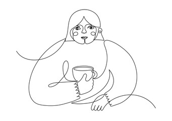 Woman holding cup of tea, or coffee. Girl with cuppa. Continuous line drawing.