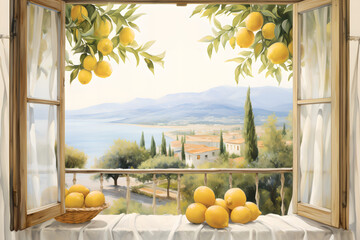 high-quality watercolor illustration of a vintage, white, wooden open window, with a white curtain, sea, mountain and lemon grove in the background