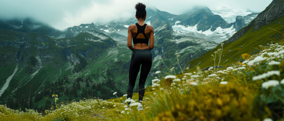 Beautiful young female, woman, girl in sportswear, running on the road on the mountain landscape. Outdoor sport, fitness concept. Jogging. Generative ai	