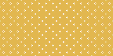 Vector minimalist geometric seamless pattern. Simple abstract ornament texture with small crosses, flower silhouettes, squares, dots. Mustard yellow minimal background. Pixel art. Repeatable design