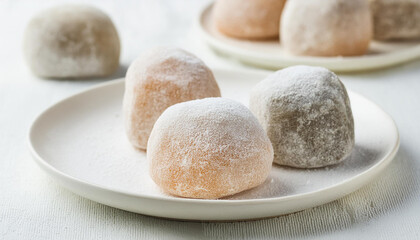 Delicious mochi on plate. Traditional Japanese dessert. Rice cake. Sweet and tasty food.