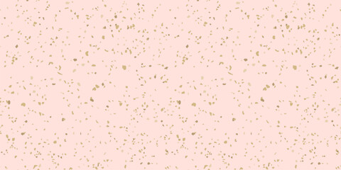 Gold and pink terrazzo flooring texture. Vector seamless pattern with chaotic scattered golden foil confetti background. Luxury mosaic floor surface. Trendy grunge design for decor, gift paper, print