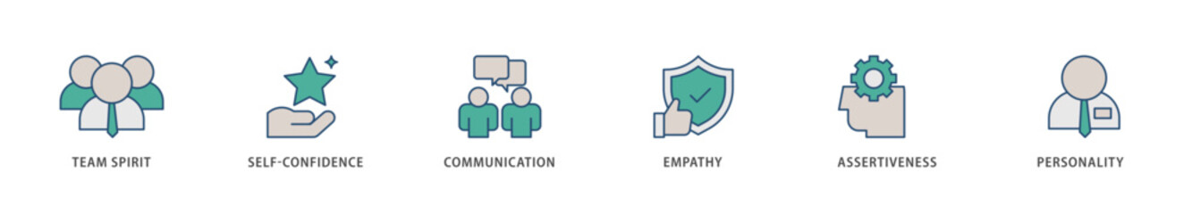 Soft skills icons set collection illustration of team spirit, self confidence, communication, empathy, assertiveness, and personality icon live stroke and easy to edit 