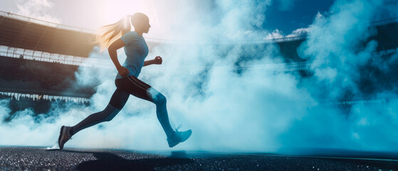 Close up of woman in motion. Female running on the stadium road or trail with steam. Professional...