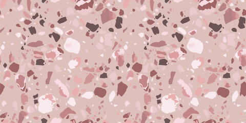 Pink terazzo floor seamless pattern. Vector texture of mosaic floor with natural stones, granite, marble, quartz. Classic Italian terrazzo flooring background. Trendy design for decor, package, print