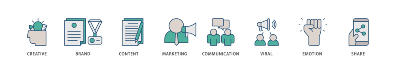 Storytelling icons set collection illustration of creative, brand, content, marketing, communication, viral, emotion, and share icon live stroke and easy to edit 