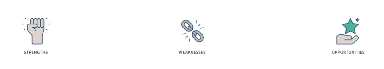 SWOT icons set collection illustration of value, goal, break chain, low battery, growth, check, minus, and crisis icon live stroke and easy to edit 