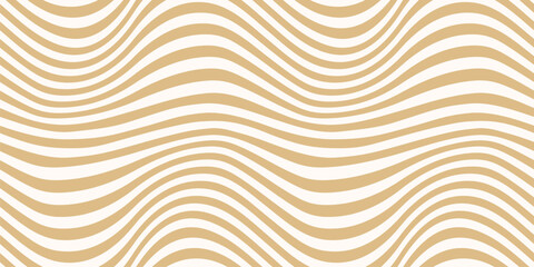 Groovy vector seamless pattern with curved lines, wavy stripes, fluid shapes. Abstract golden distorted background. Dynamical rippled texture, 3D effect, illusion of movement. Gold and white design