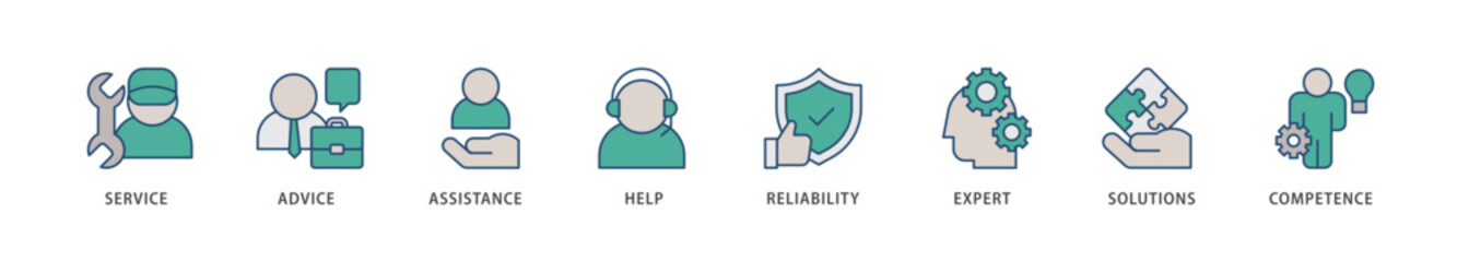 Support icons set collection illustration of service, advice, assistance, help, reliability, expert, solutions and competence icon live stroke and easy to edit 