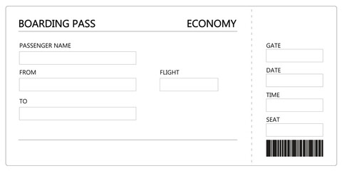 Empty black and white airline economy class flight boarding pass ticket