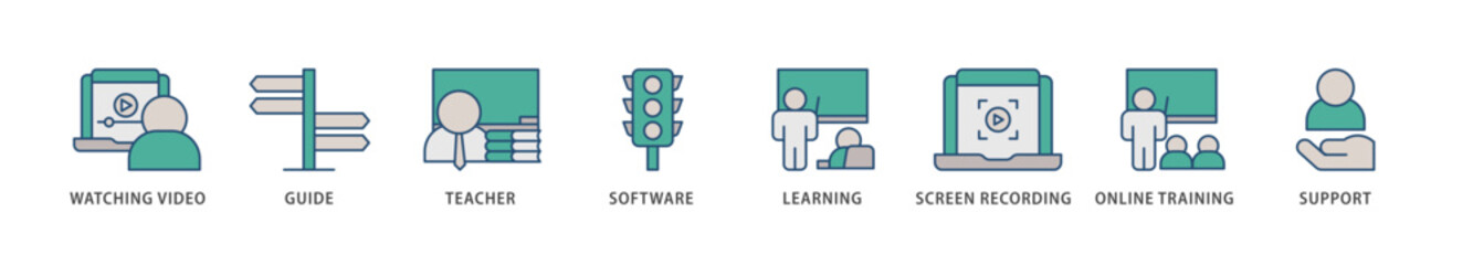 Video tutorial icons set collection illustration of watching video, guide, teacher, software, learning, screen  recording, online training, support icon live stroke and easy to edit 