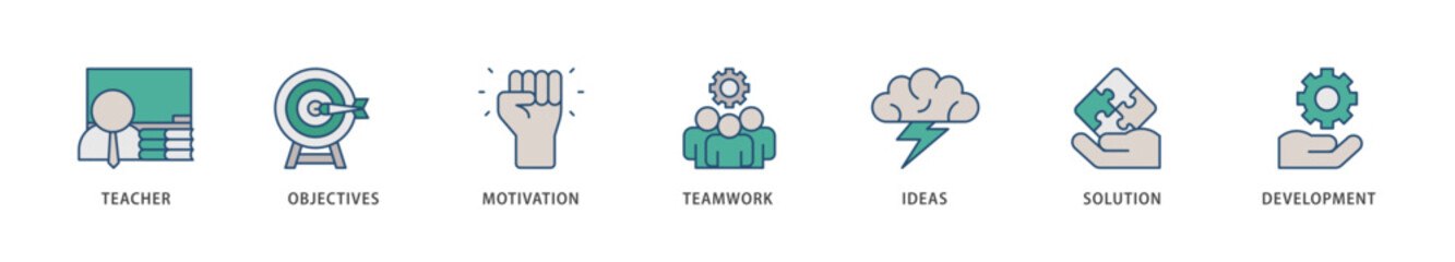 Workshop icons set collection illustration of teacher, objectives, motivation, teamwork, ideas, solution, and development icon live stroke and easy to edit 