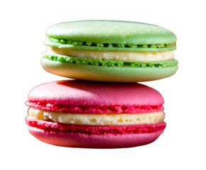 Strawberry, apple vanilla macaroons, macarons isolated on transparent background. Sweet and colorful french almond cookie on dessert for cafe menu. Gift for party, birthday, holiday, Children's day