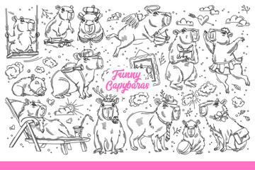Funny copybars living in swamps, relaxing or having fun in fresh air. Fluffy animals copybars frolic and try to be like people on eve of summer holiday on july 10th. Hand drawn doodle