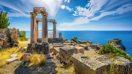 Ancient Greek temple ruins overlooking the sparkling Mediterranean Sea - Powered by Adobe
