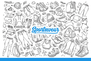 Sportswear for athletics and fitness, from store for athletes. Set of sportswear for lovers of healthy lifestyle, those who enjoy sports or joggers in morning to maintain figure. Hand drawn doodle