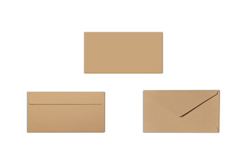 Kraft Brown envelope front and back view mockups isolated on white background. Letter top view. Object with clipping path.3d rendering.