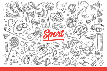 Sports inventory for fitness and physical education for healthy lifestyle. Set of equipment for sports and training in gym to get beautiful muscles or lose weight. Hand drawn doodle
