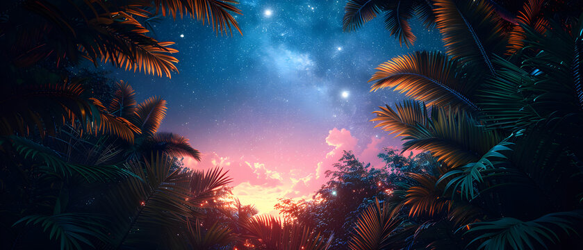 Beautiful summer evening starry sky background with sunset over coconut trees silhouettes