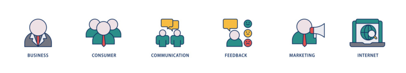 B2C icons set collection illustration of  business, consumer, communications, feedback, marketing, and internet  icon live stroke and easy to edit 