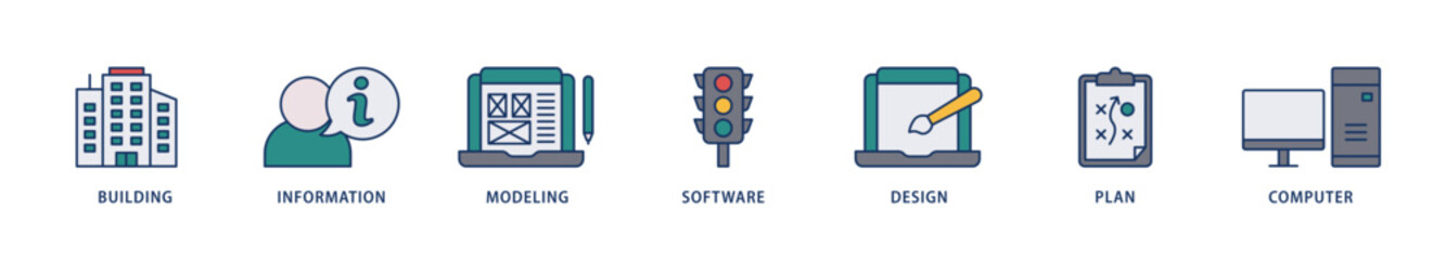 BIM icons set collection illustration of building, information, modeling, software, design, plan, and computer icon live stroke and easy to edit 