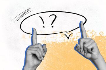 Composite photo collage of two hands show index finger gesture point text box non verbal communication isolated on painted background